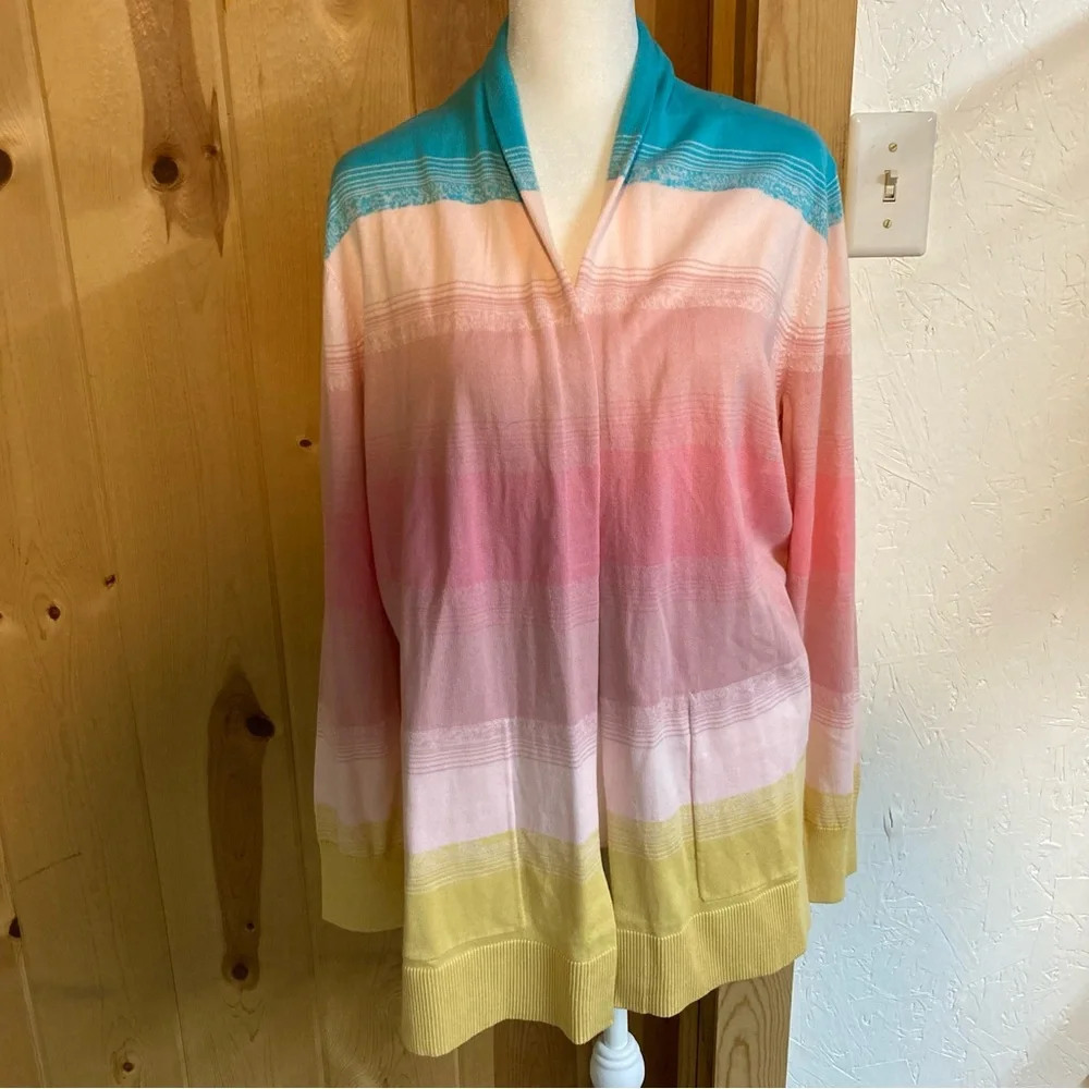 Lands' End Women's Multicolor Striped Open Cardigan size M 100% Cotton Pockets - Picture 1 of 8